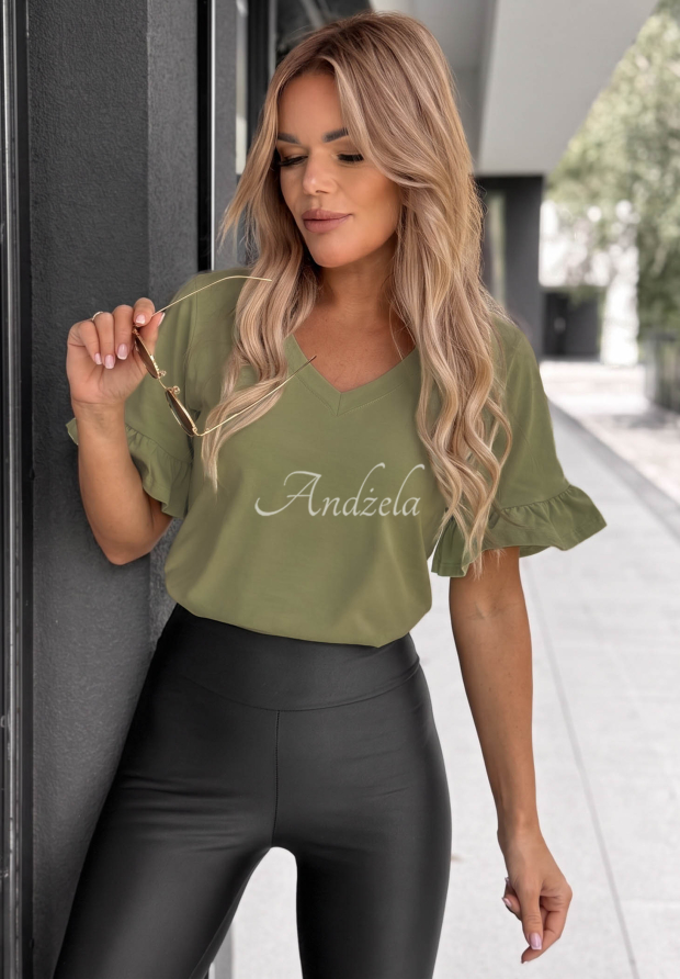 Baumwoll-T-Shirt mit R&uuml;schen Ask For More Olivgr&uuml;n
