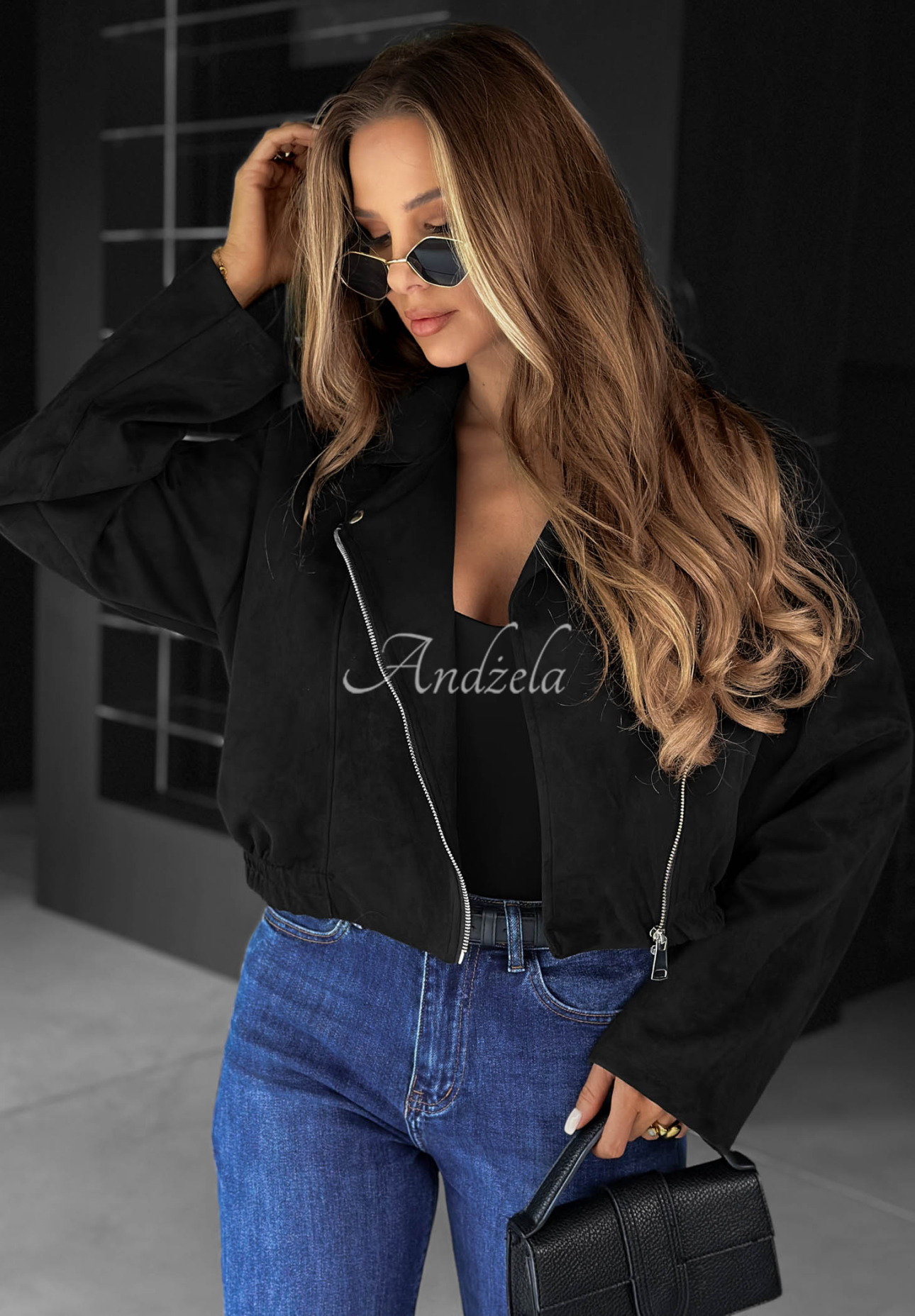 Kurze Wildleder-Bikerjacke Maple Story Schwarz