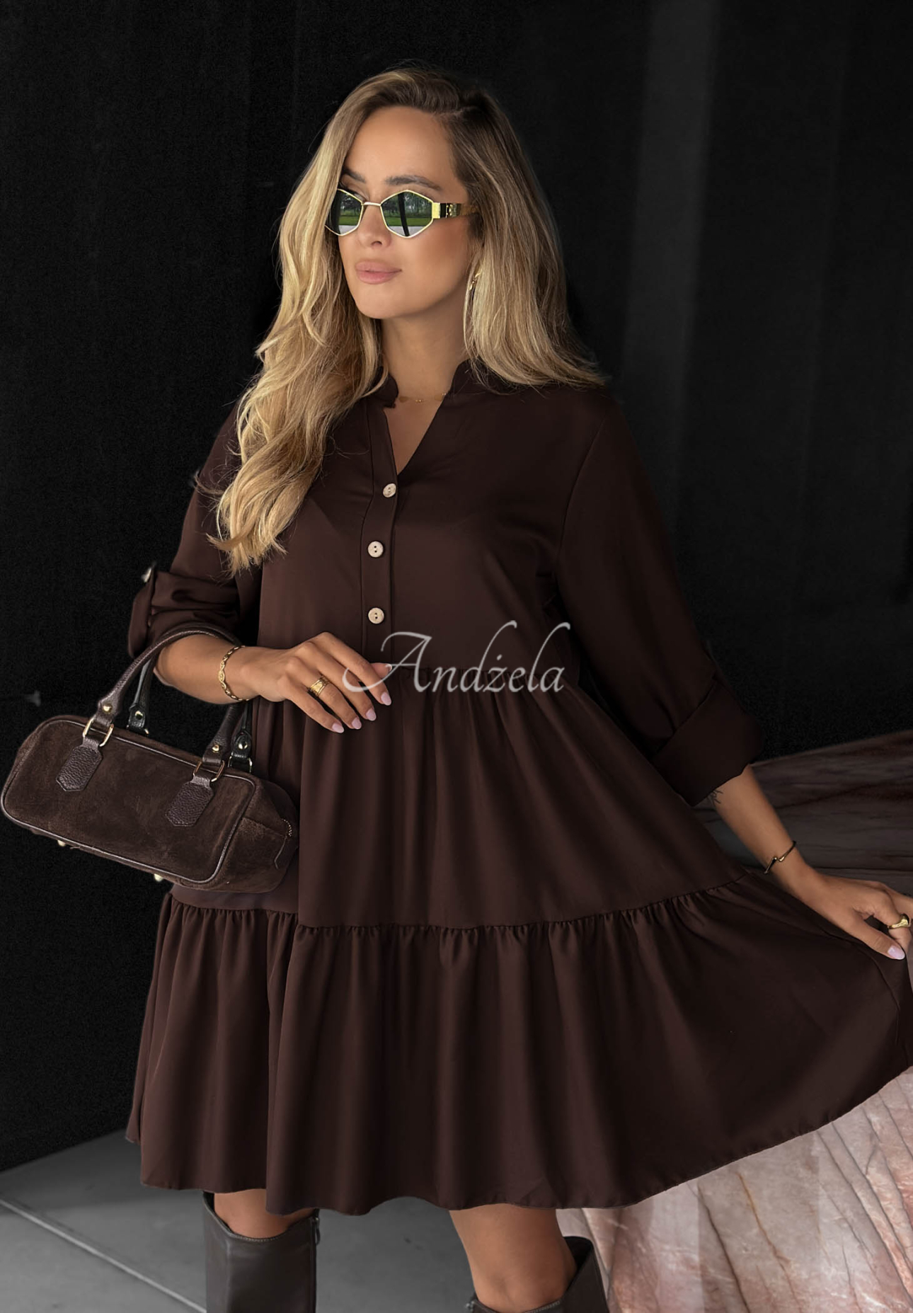 Oversize-Kleid mit Rüschen und Viskose Modern Charm Schokoladenbraun
