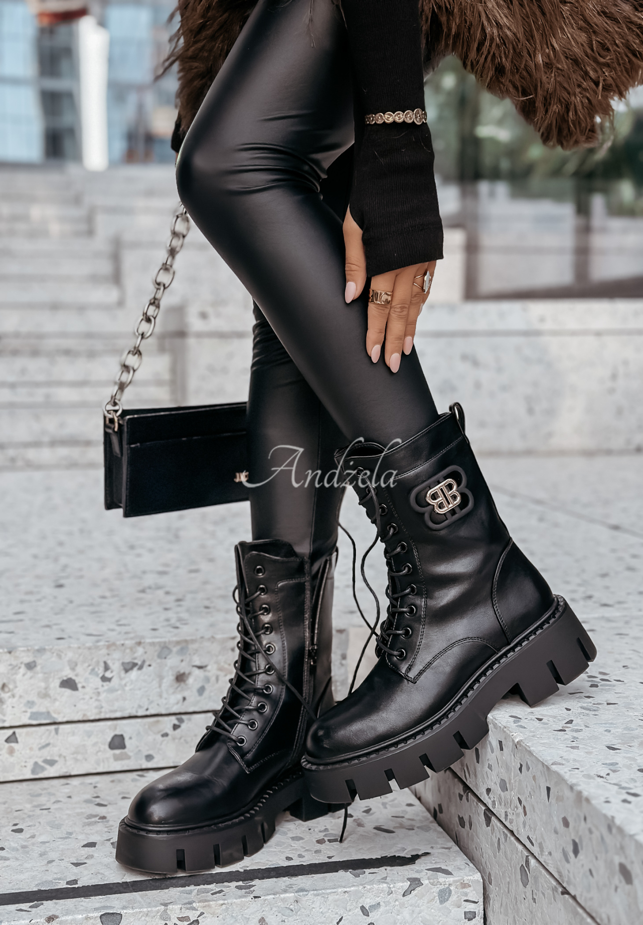 Leder-Worker-Stiefeletten mit Schnürung The Season Schwarz