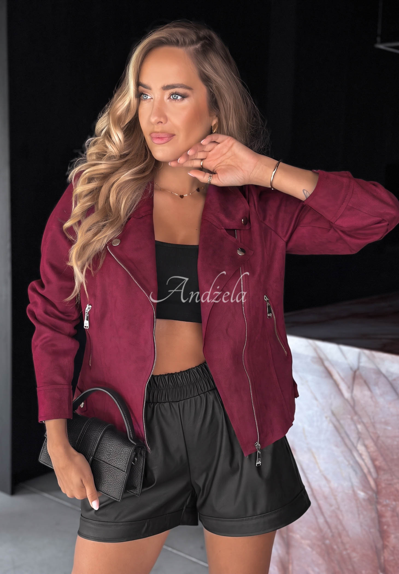 Bikerjacke aus Wildlederimitat Savage Burgunderrot