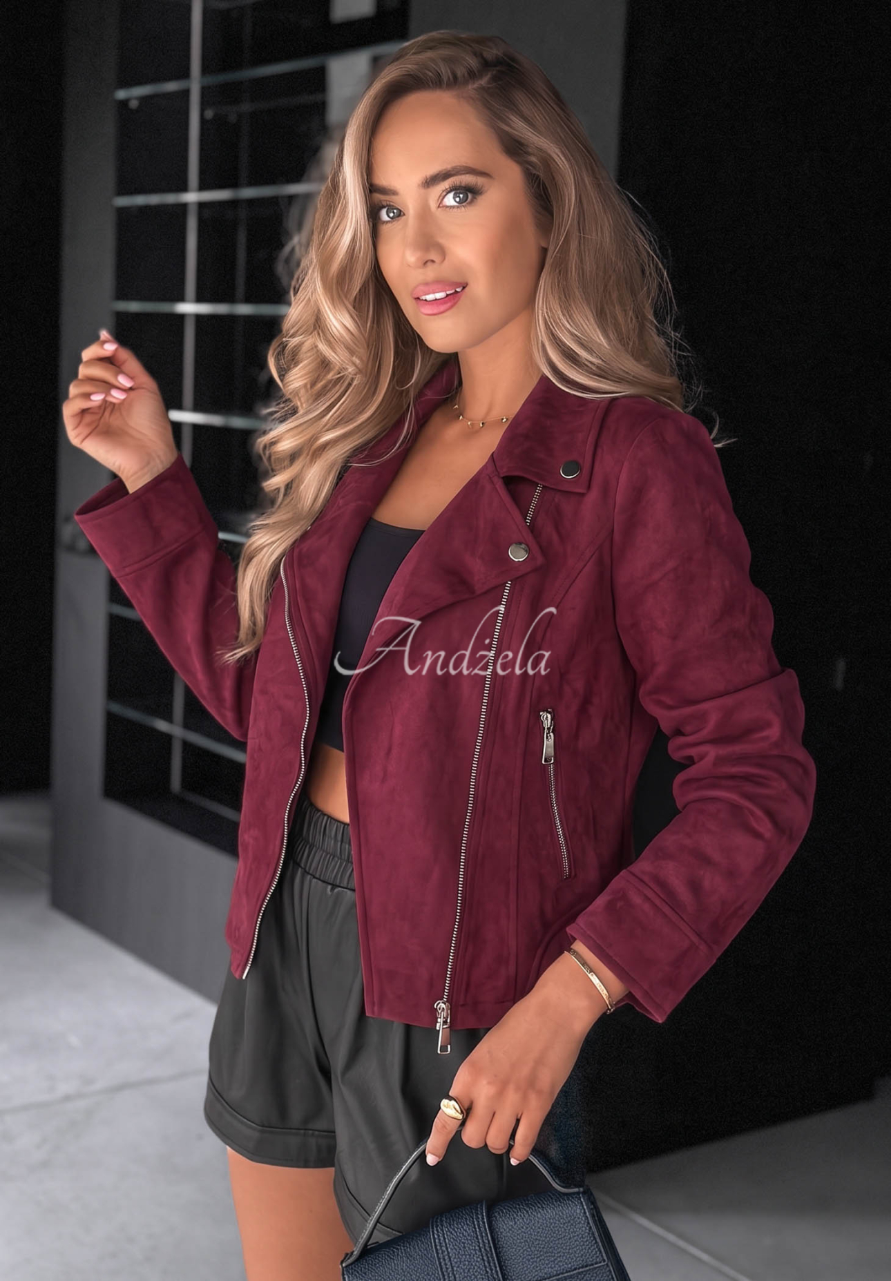 Bikerjacke aus Wildlederimitat Savage Burgunderrot