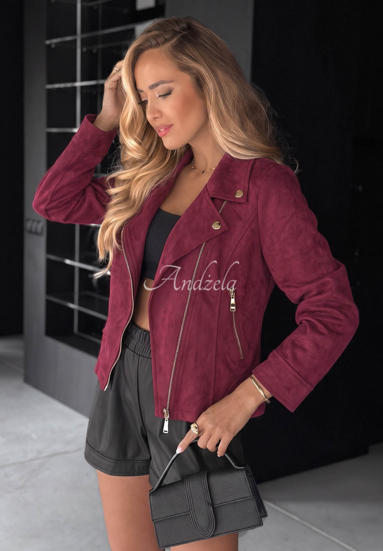 Bikerjacke aus Wildlederimitat Savage Burgunderrot
