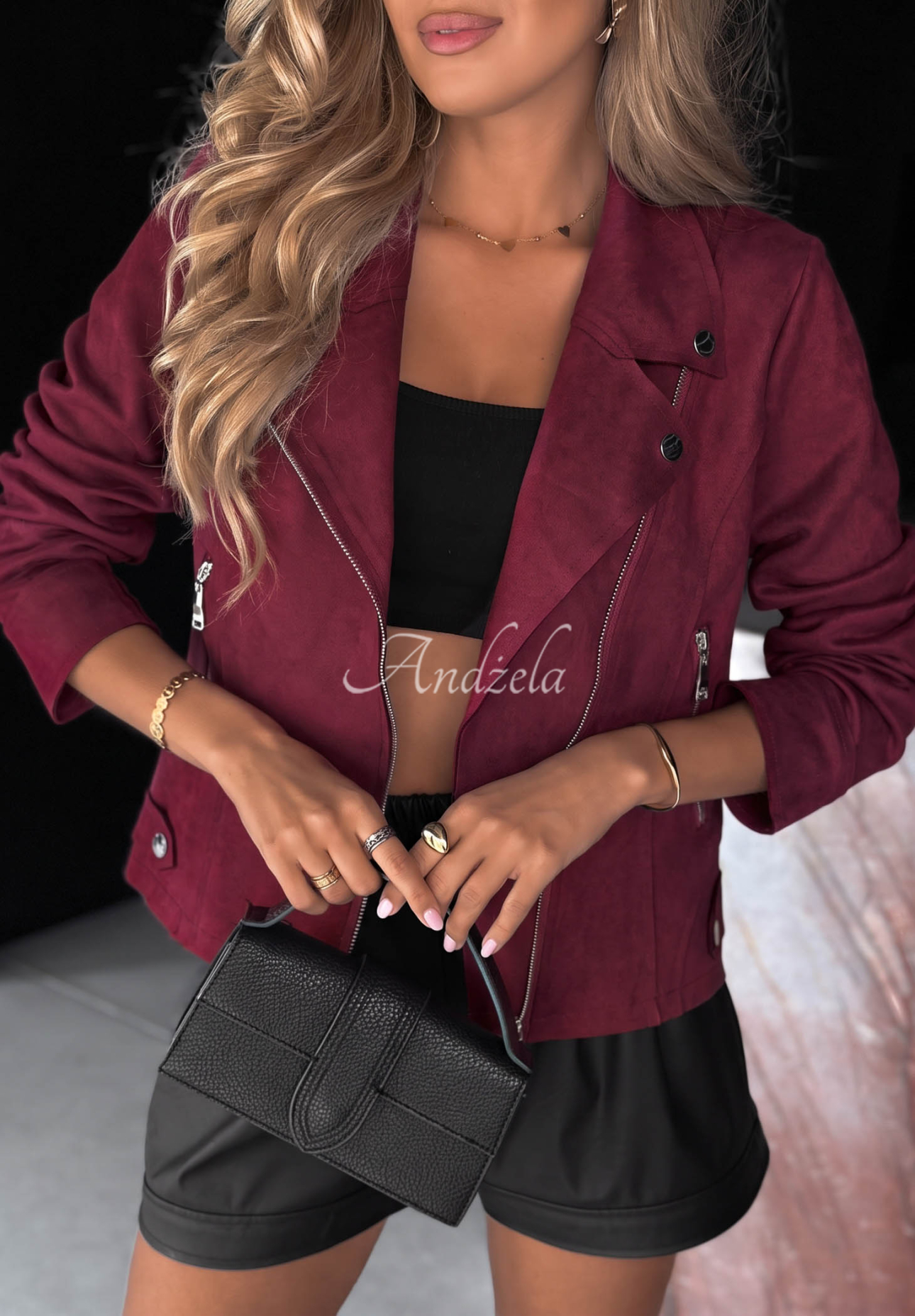 Bikerjacke aus Wildlederimitat Savage Burgunderrot