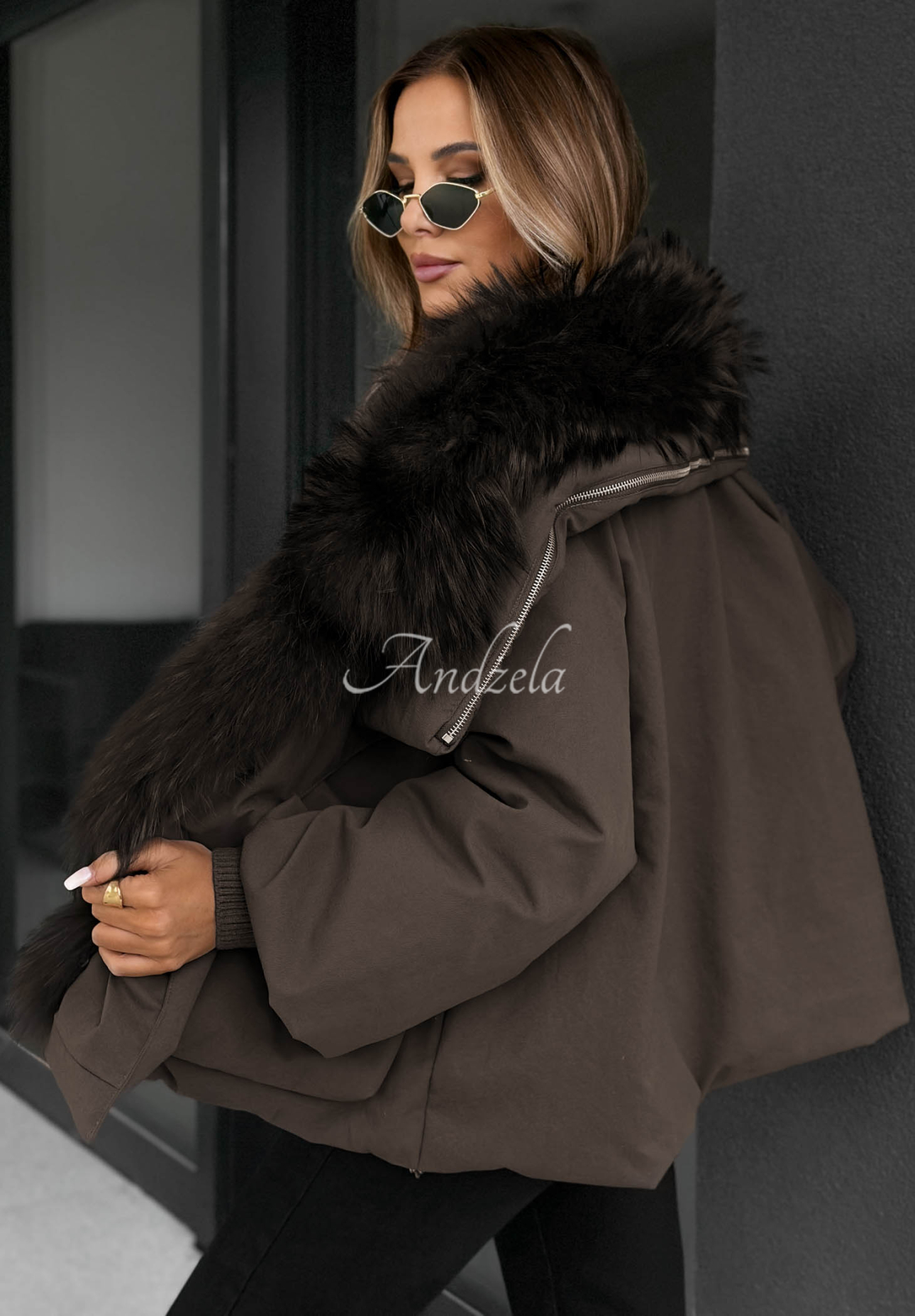 Daunenjacke mit Fell Nordic Mist Schokoladenbraun