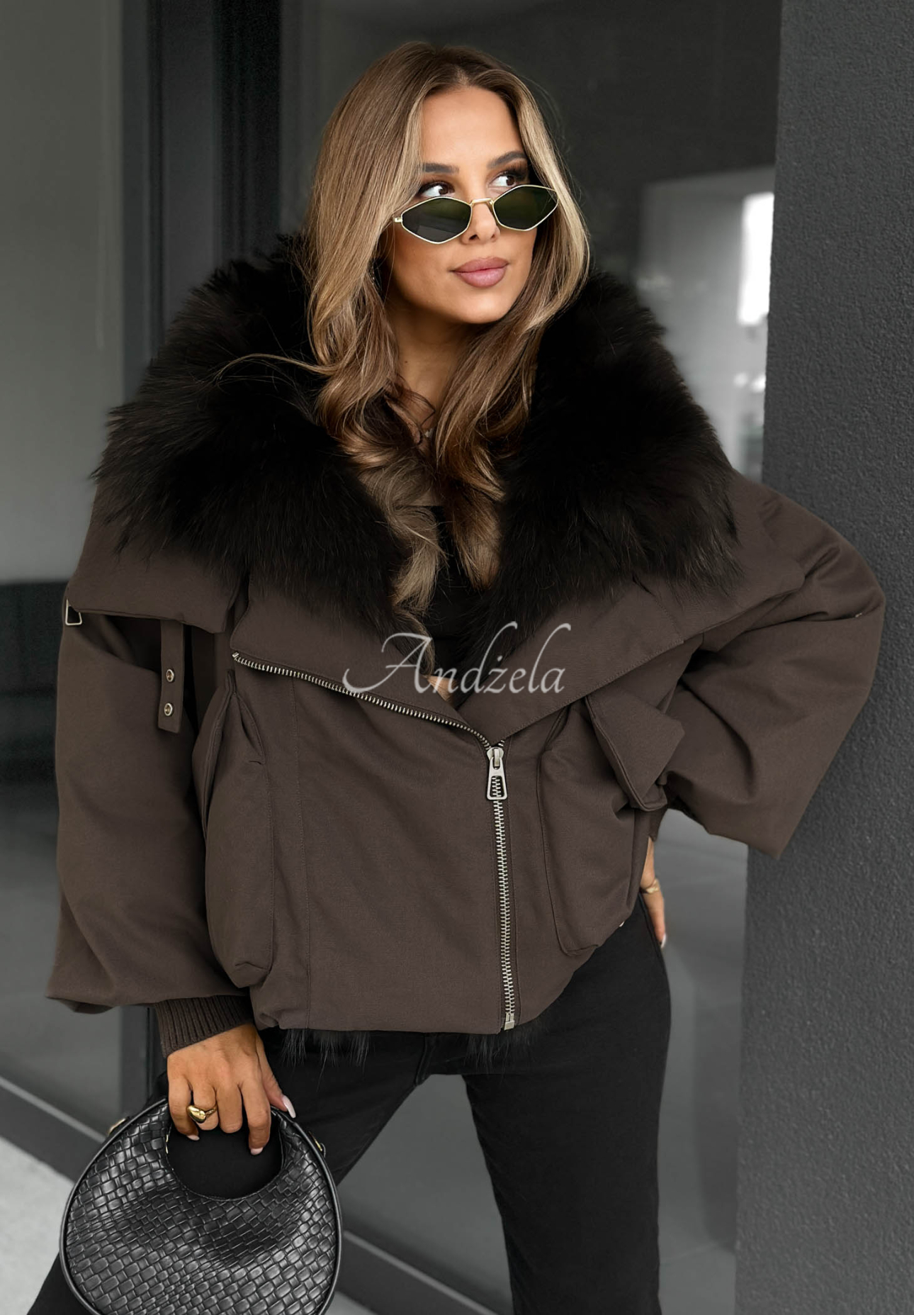Daunenjacke mit Fell Nordic Mist Schokoladenbraun