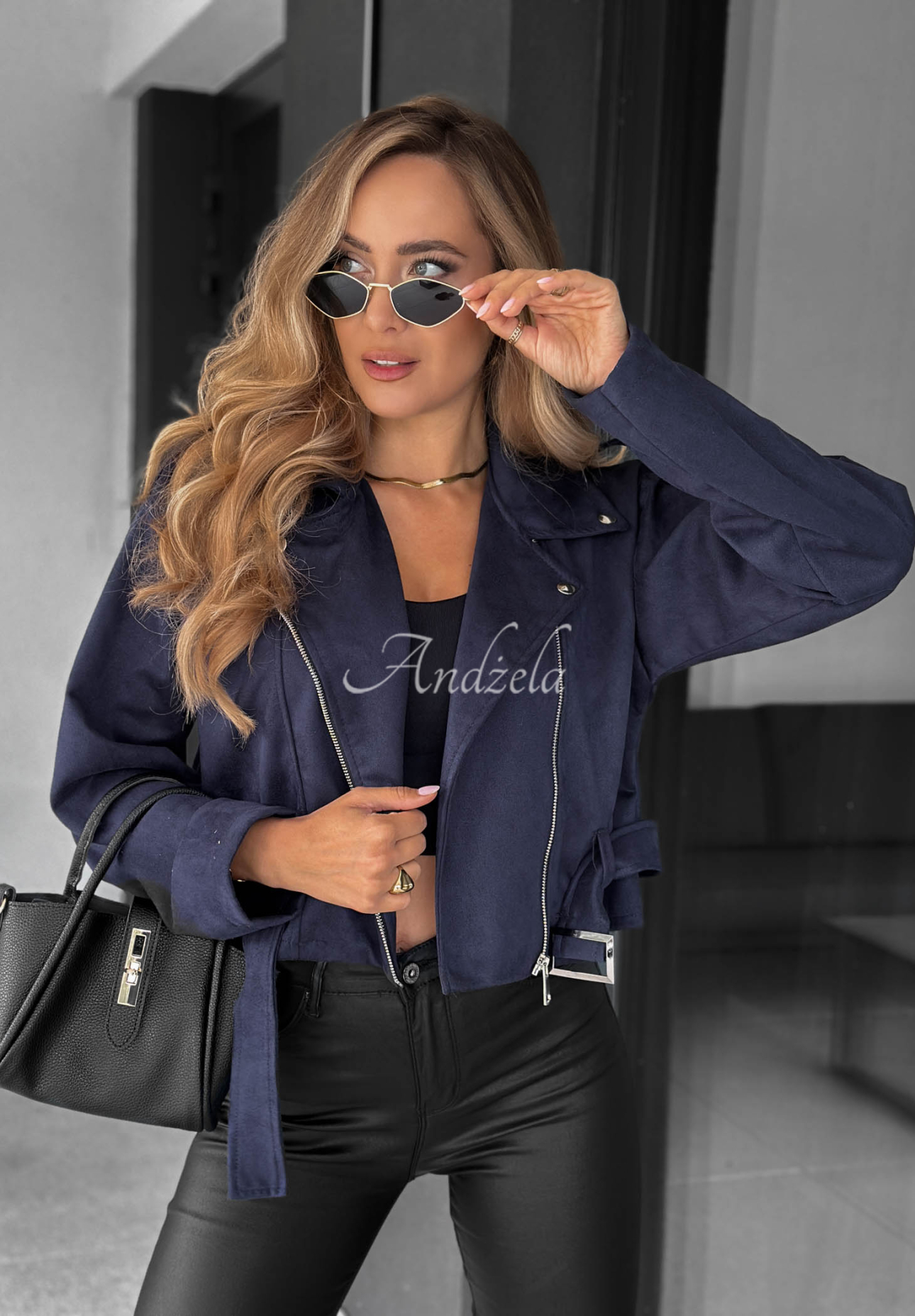 Kurze Bikerjacke aus Wildlederimitat Daily Flow Dunkelblau