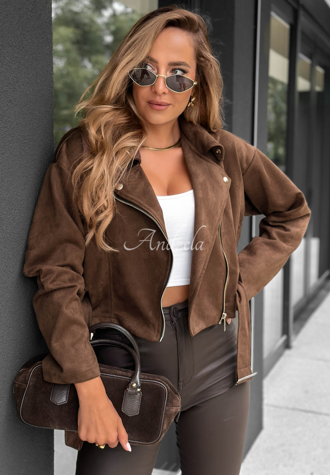 Kurze Bikerjacke aus Wildlederimitat Daily Flow Schokoladenbraun