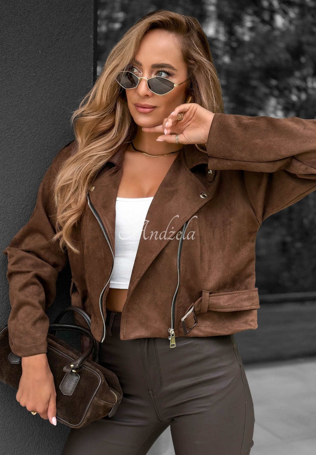 Kurze Bikerjacke aus Wildlederimitat Daily Flow Schokoladenbraun