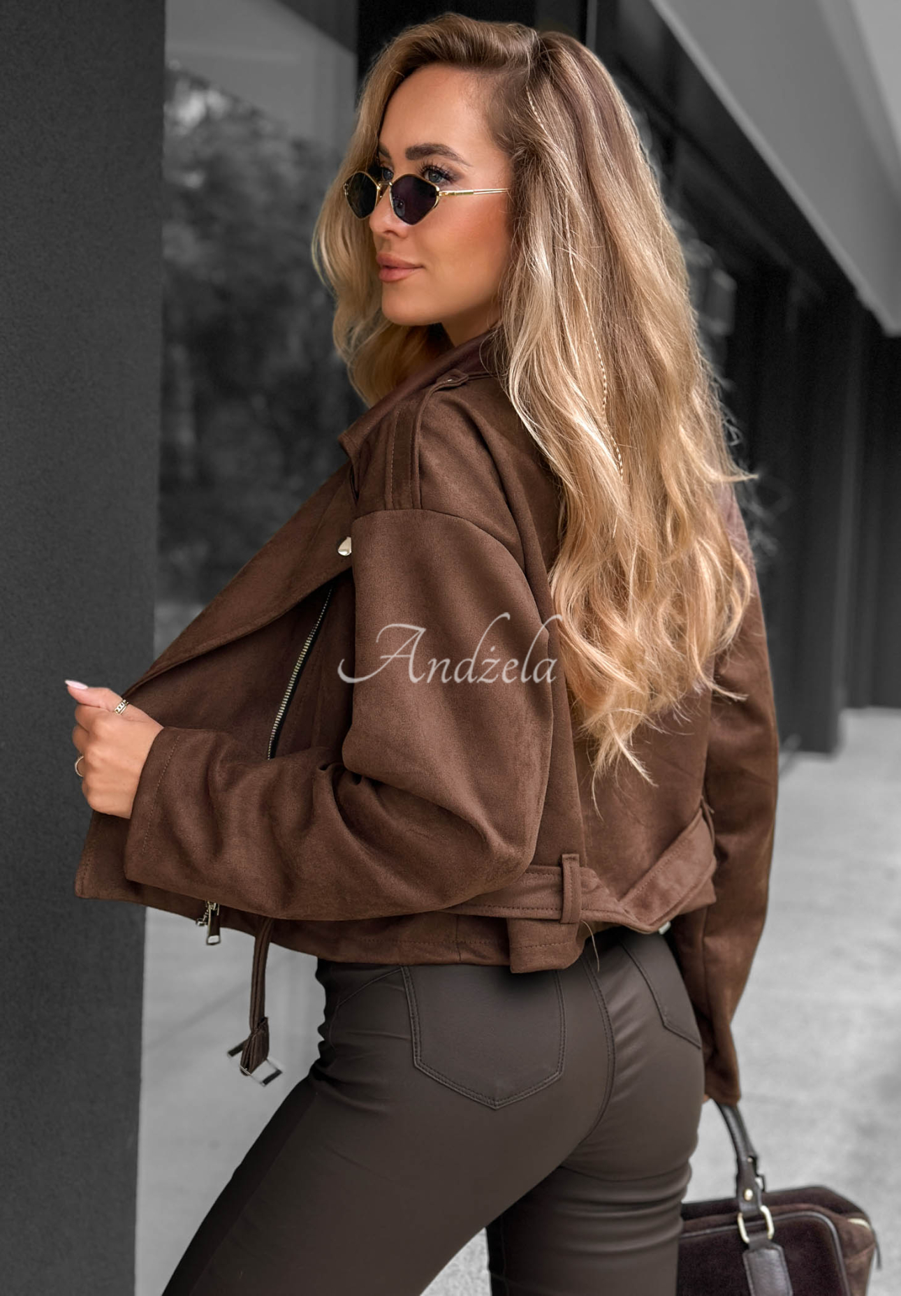 Kurze Bikerjacke aus Wildlederimitat Daily Flow Schokoladenbraun