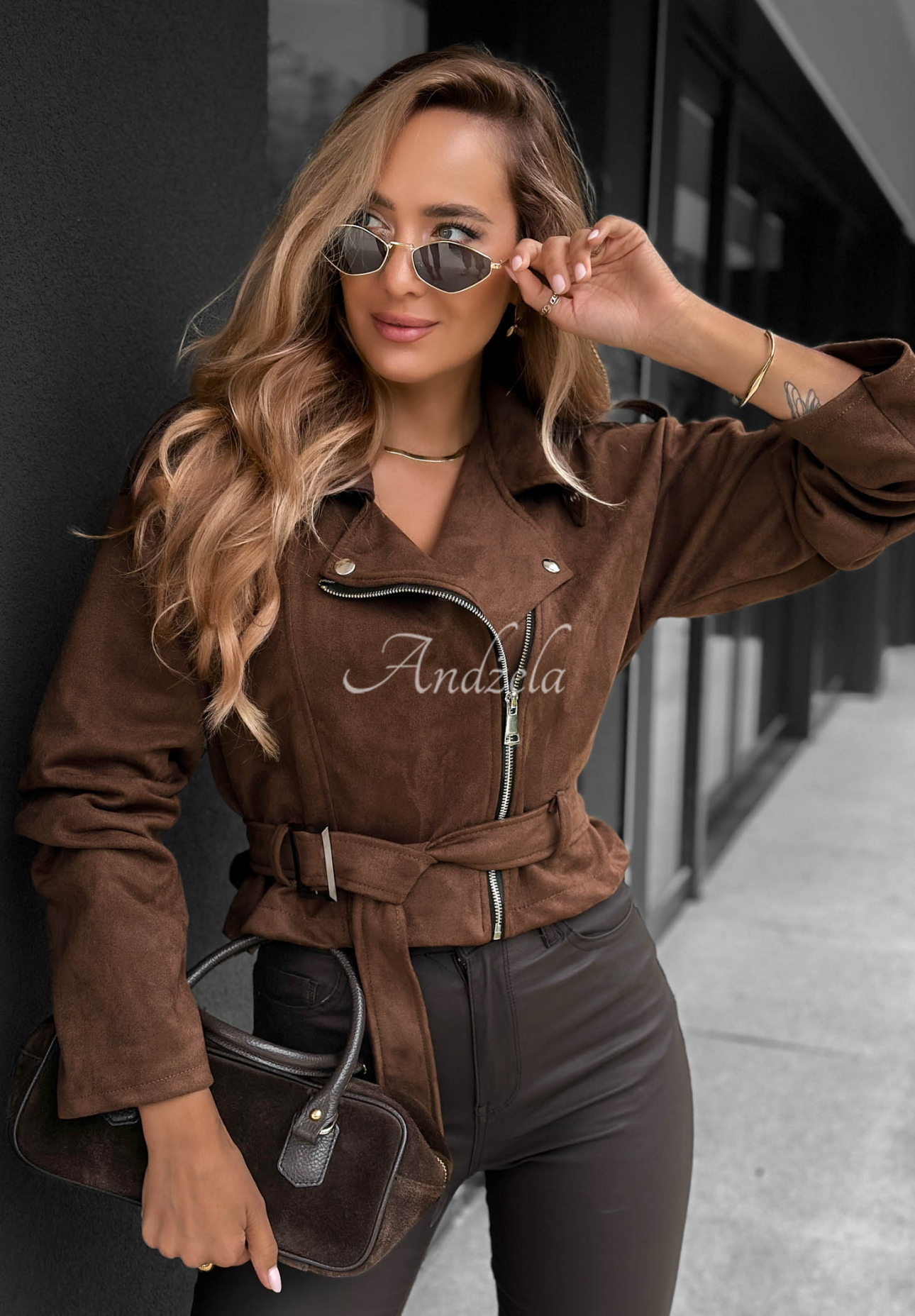 Kurze Bikerjacke aus Wildlederimitat Daily Flow Schokoladenbraun