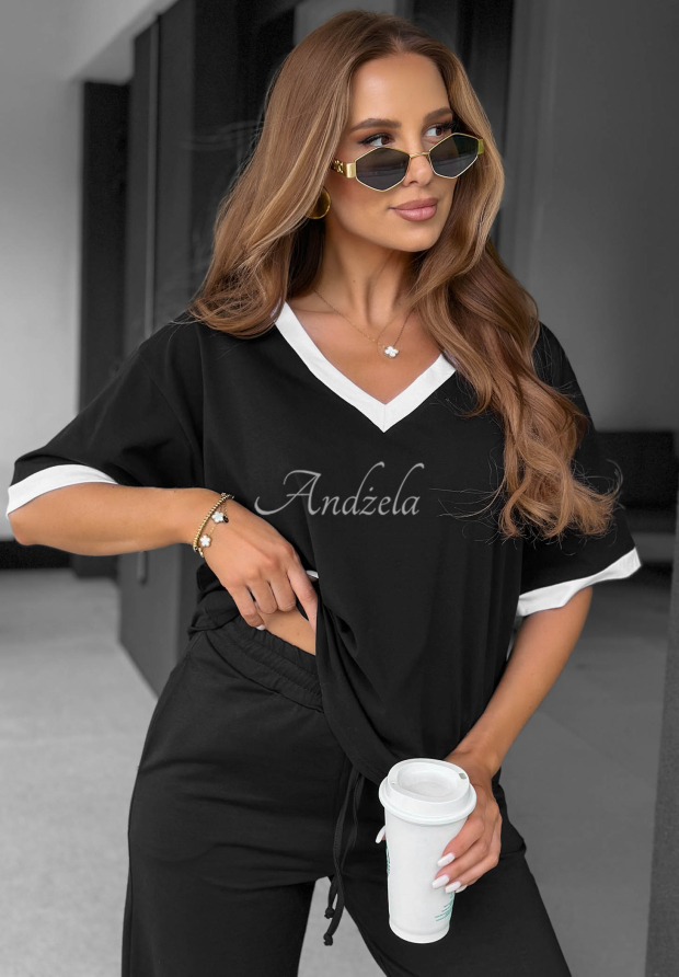 Baumwoll-T-Shirt mit V-Ausschnitt Perfect Basic Schwarz
