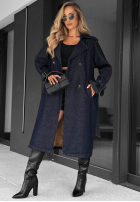 Długi Jeans Mantel trencz z paskiem Autumn Outfits ciemnogranatowy