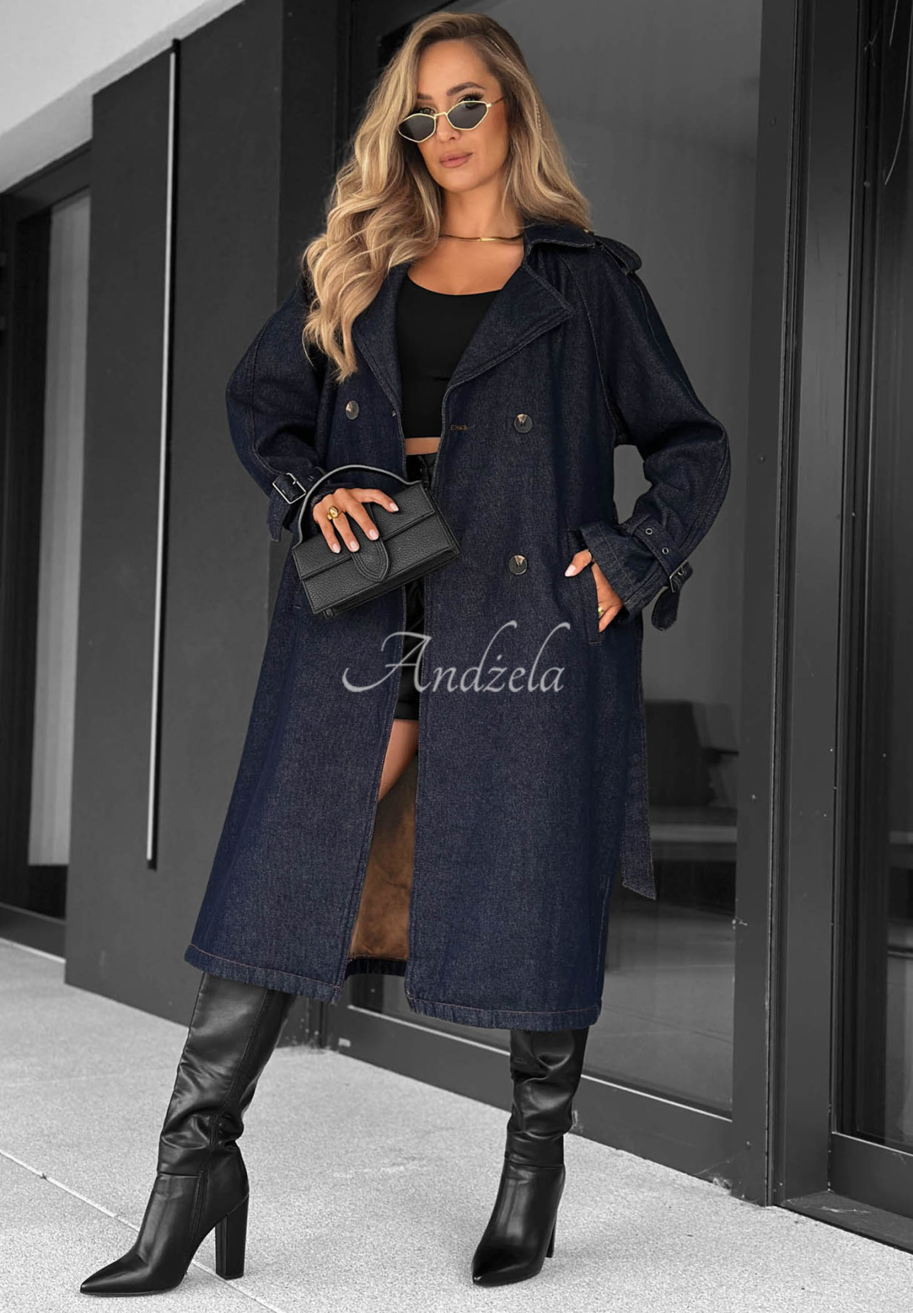 Langer Jeans-Trenchcoat mit Gürtel Autumn Outfits dunkelblau