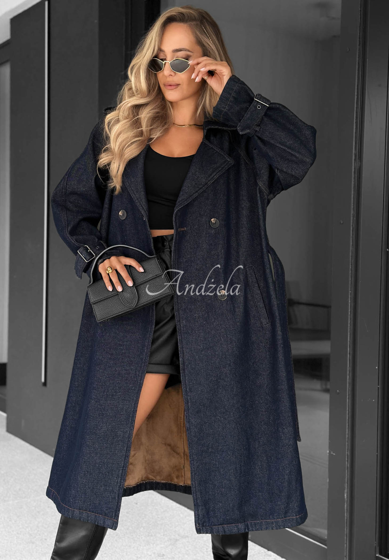 Langer Jeans-Trenchcoat mit Gürtel Autumn Outfits dunkelblau