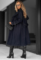 Długi Jeans Mantel trencz z paskiem Autumn Outfits ciemnogranatowy