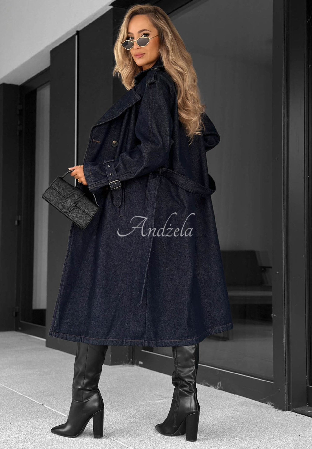 Langer Jeans-Trenchcoat mit Gürtel Autumn Outfits dunkelblau
