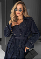 Długi Jeans Mantel trencz z paskiem Autumn Outfits ciemnogranatowy