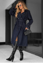 Długi Jeans Mantel trencz z paskiem Autumn Outfits ciemnogranatowy