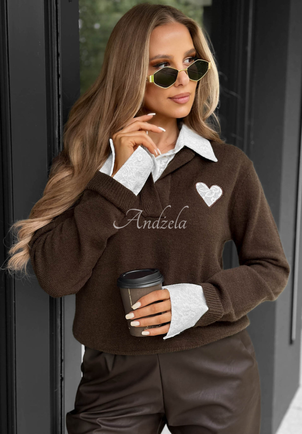 Viskose-Pullover mit Spitzenkragen Cozy Charm Schokoladenbraun