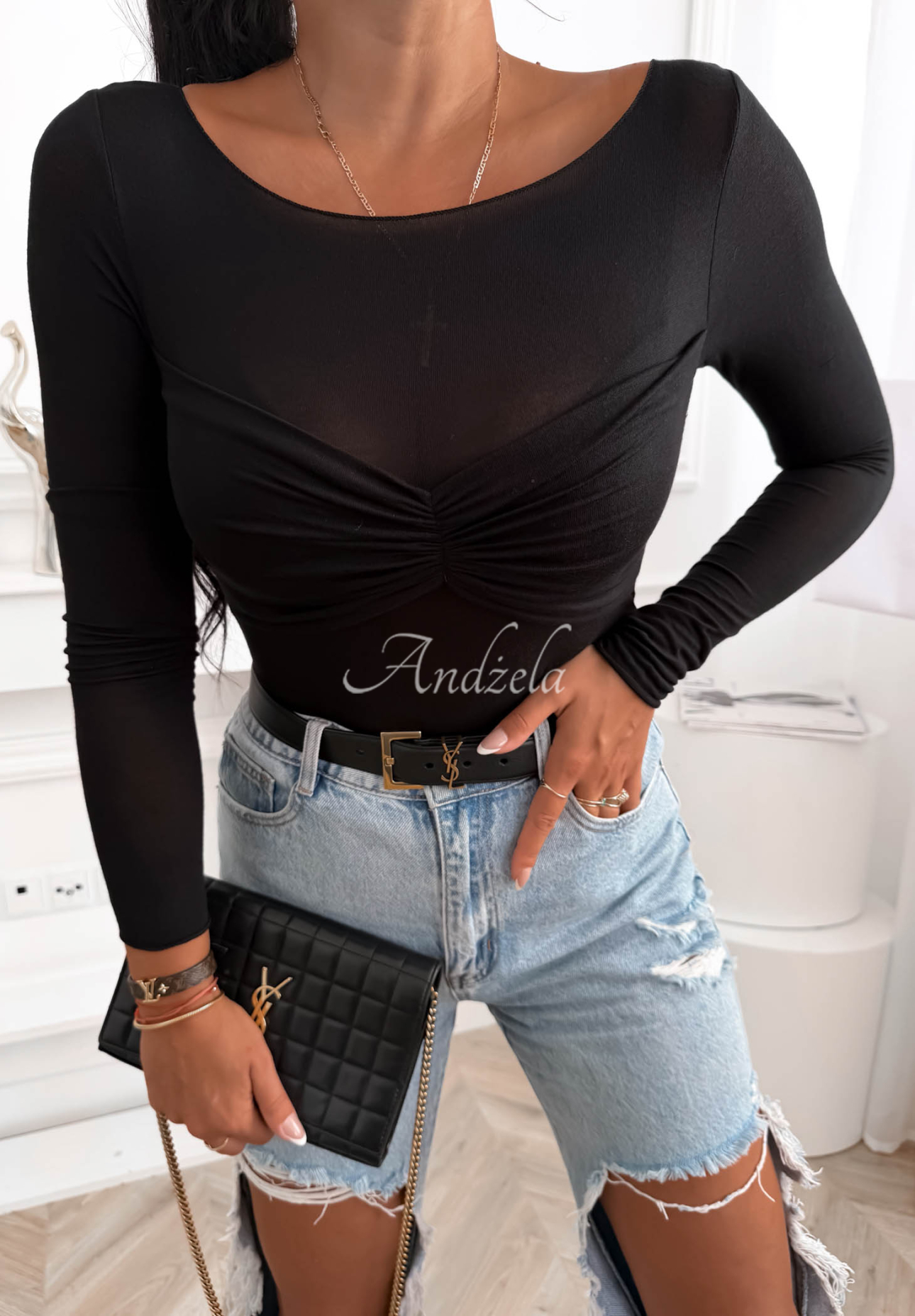 Geraffte Bluse mit Modal Private Number Schwarz