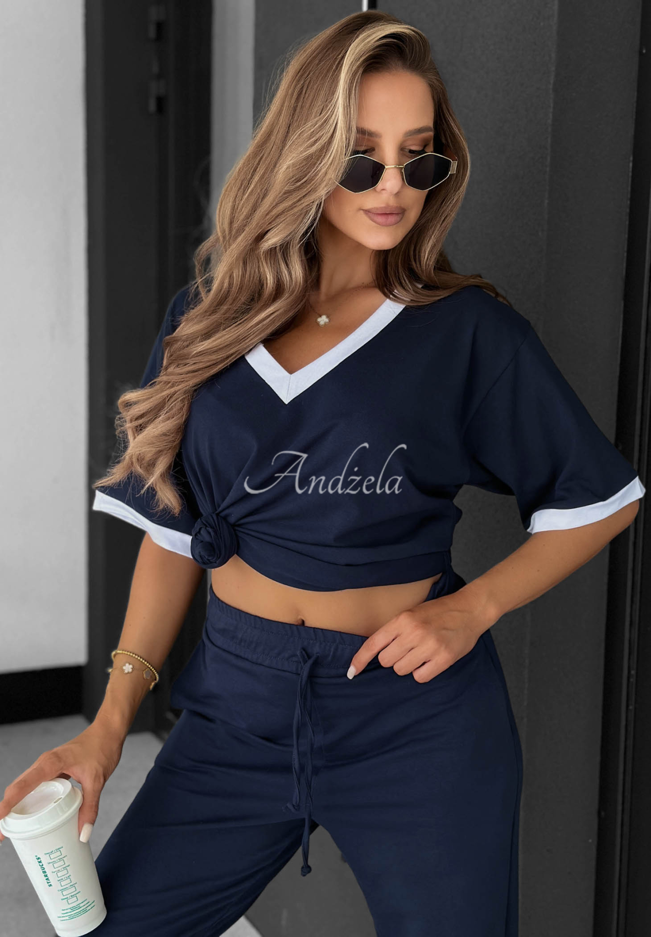Baumwoll-T-Shirt mit V-Ausschnitt Perfect Basic Dunkelblau