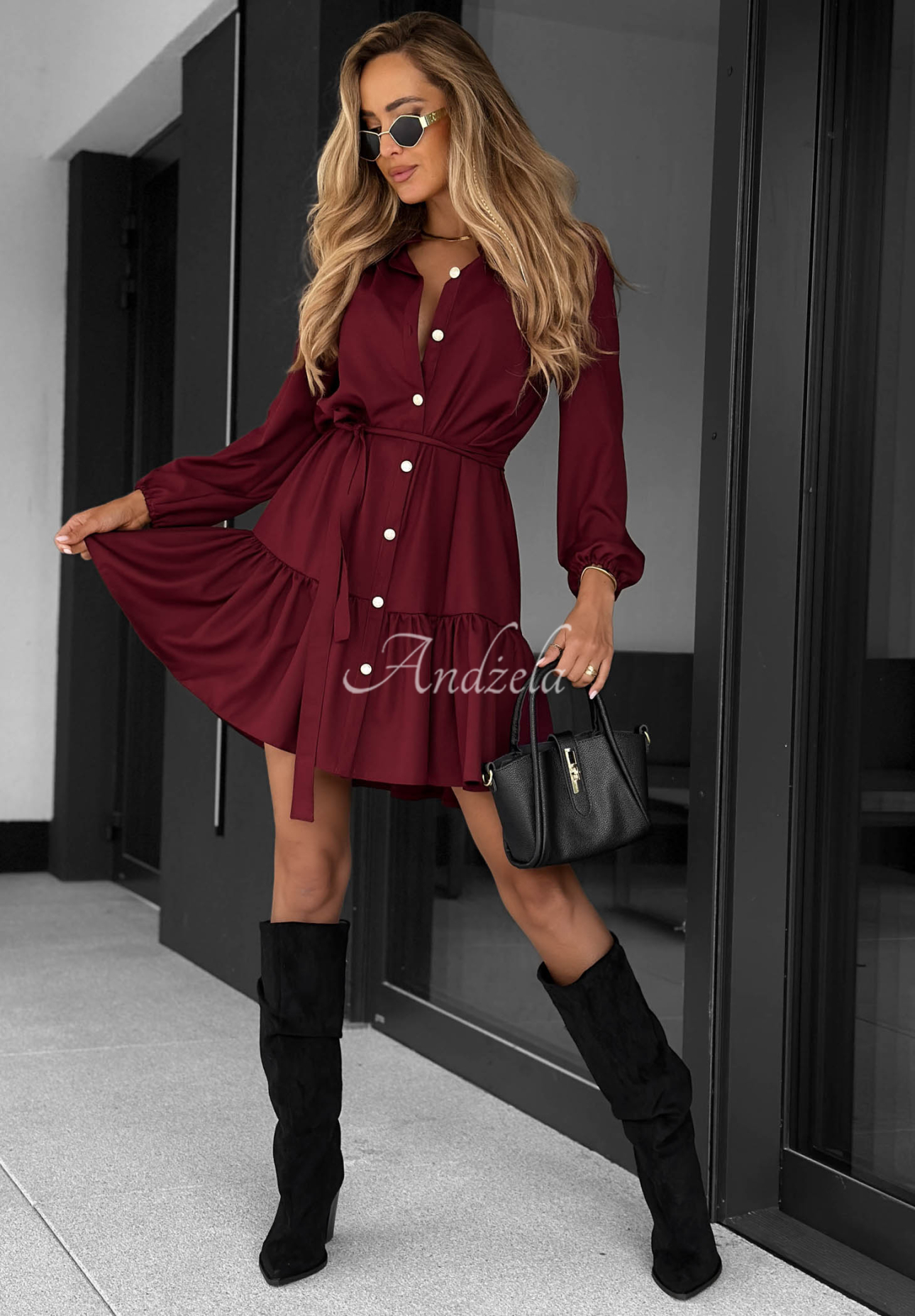 Viskose-Hemdkleid mit Rüsche Call My Name Burgunderrot