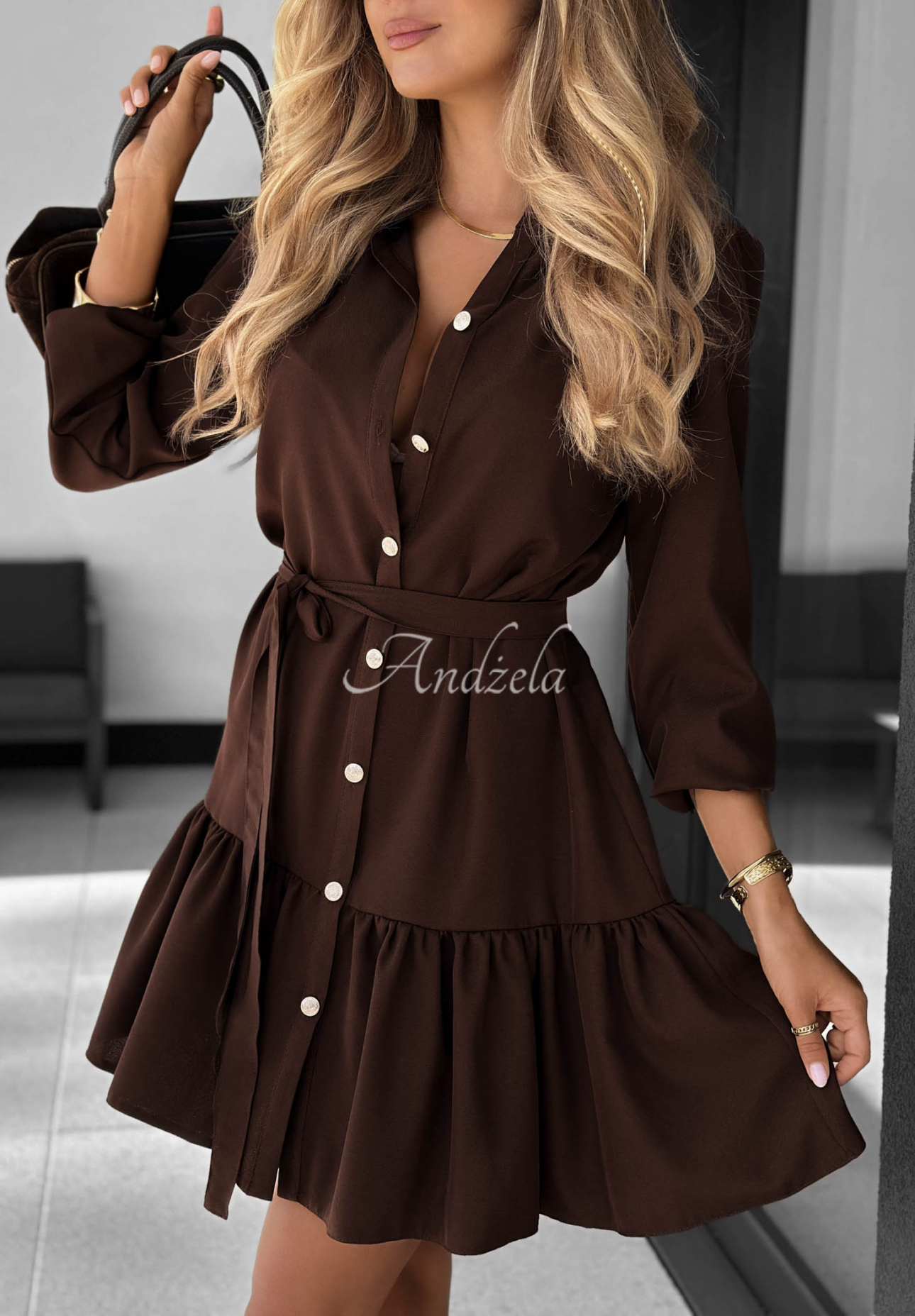 Viskose-Hemdkleid mit Rüsche Call My Name Schokoladenbraun