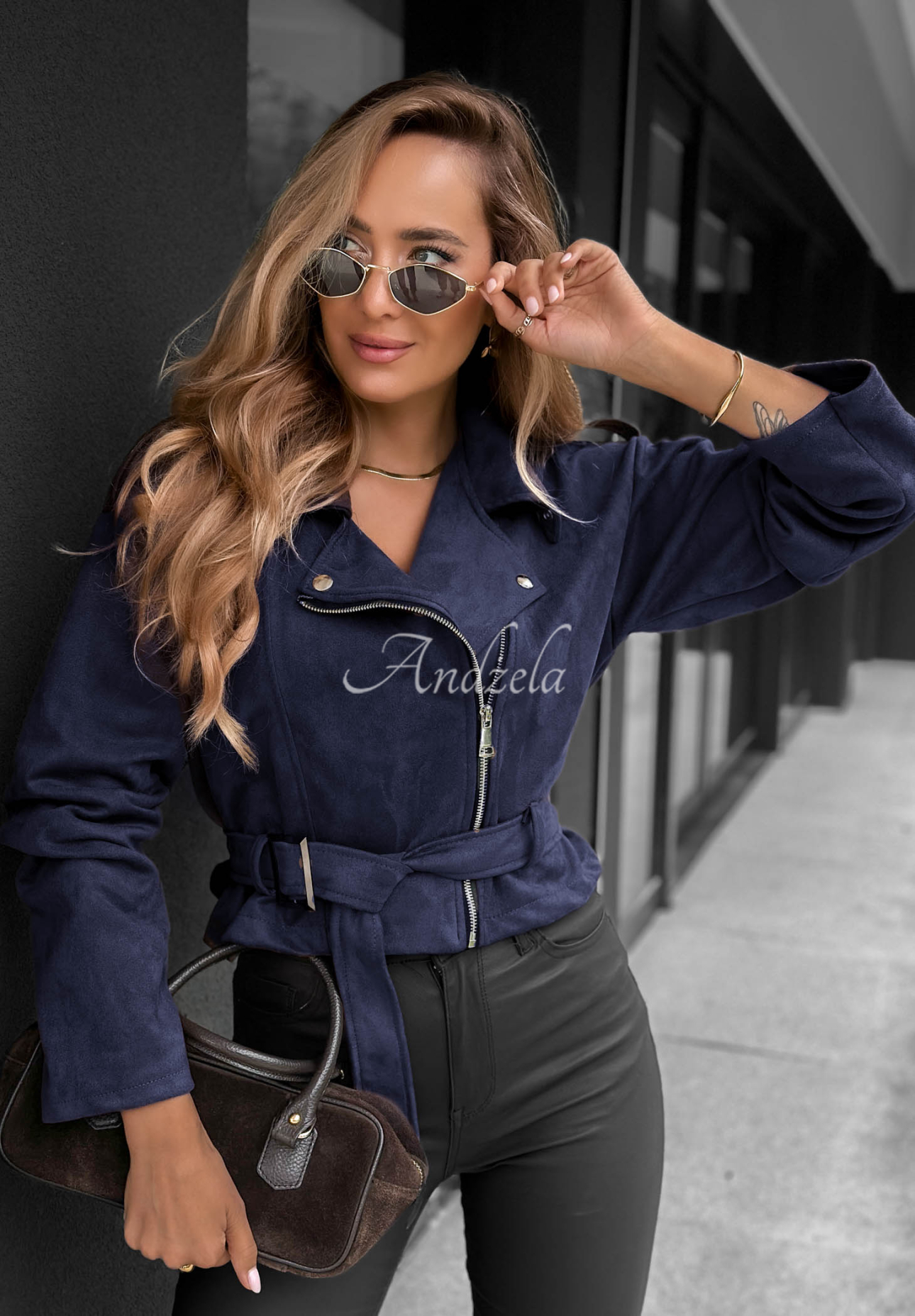 Kurze Bikerjacke aus Wildlederimitat Daily Flow Dunkelblau