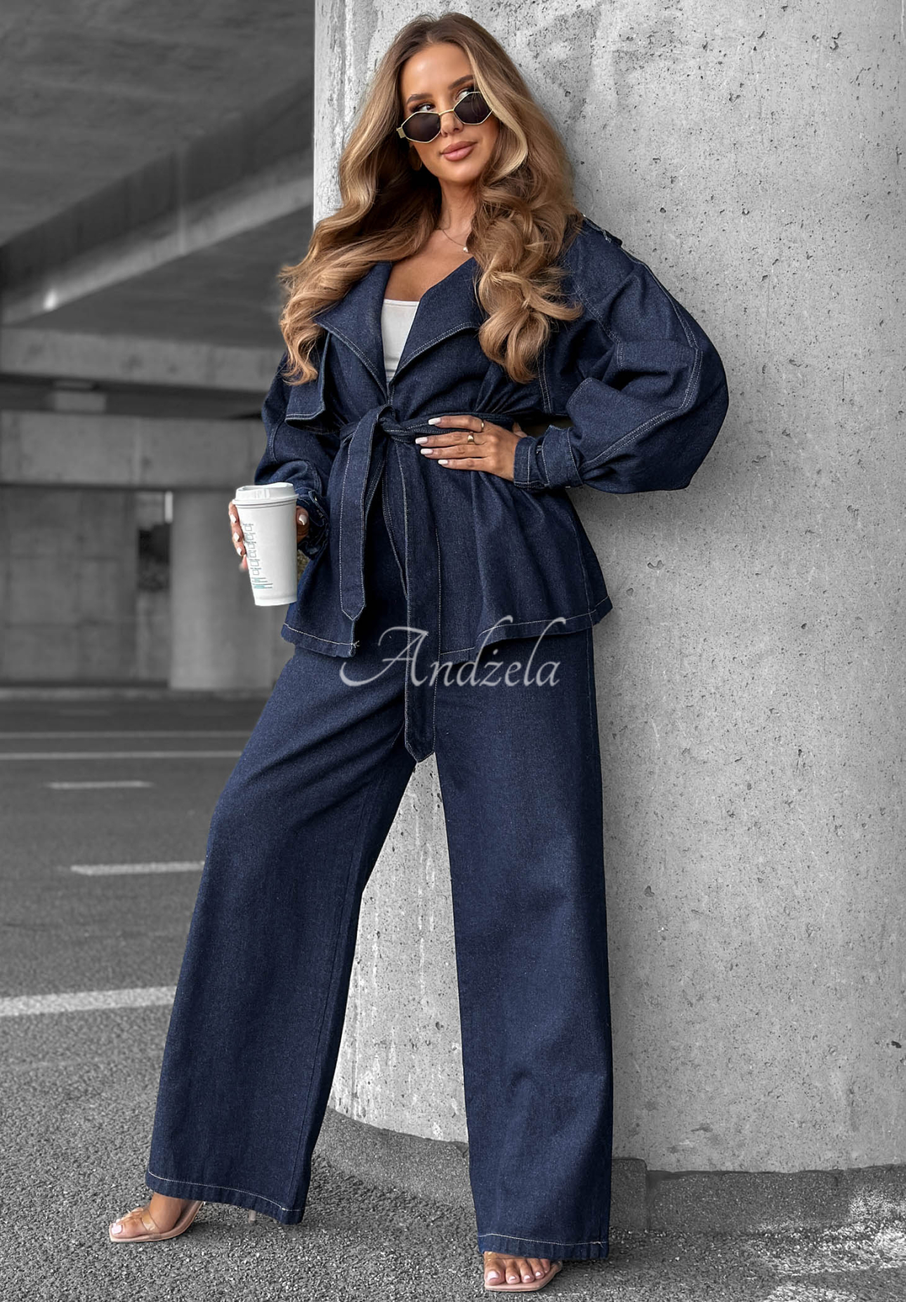 Denim Set kurzer Trenchcoat und Hose wide leg Autumn Edit Dunkelblau