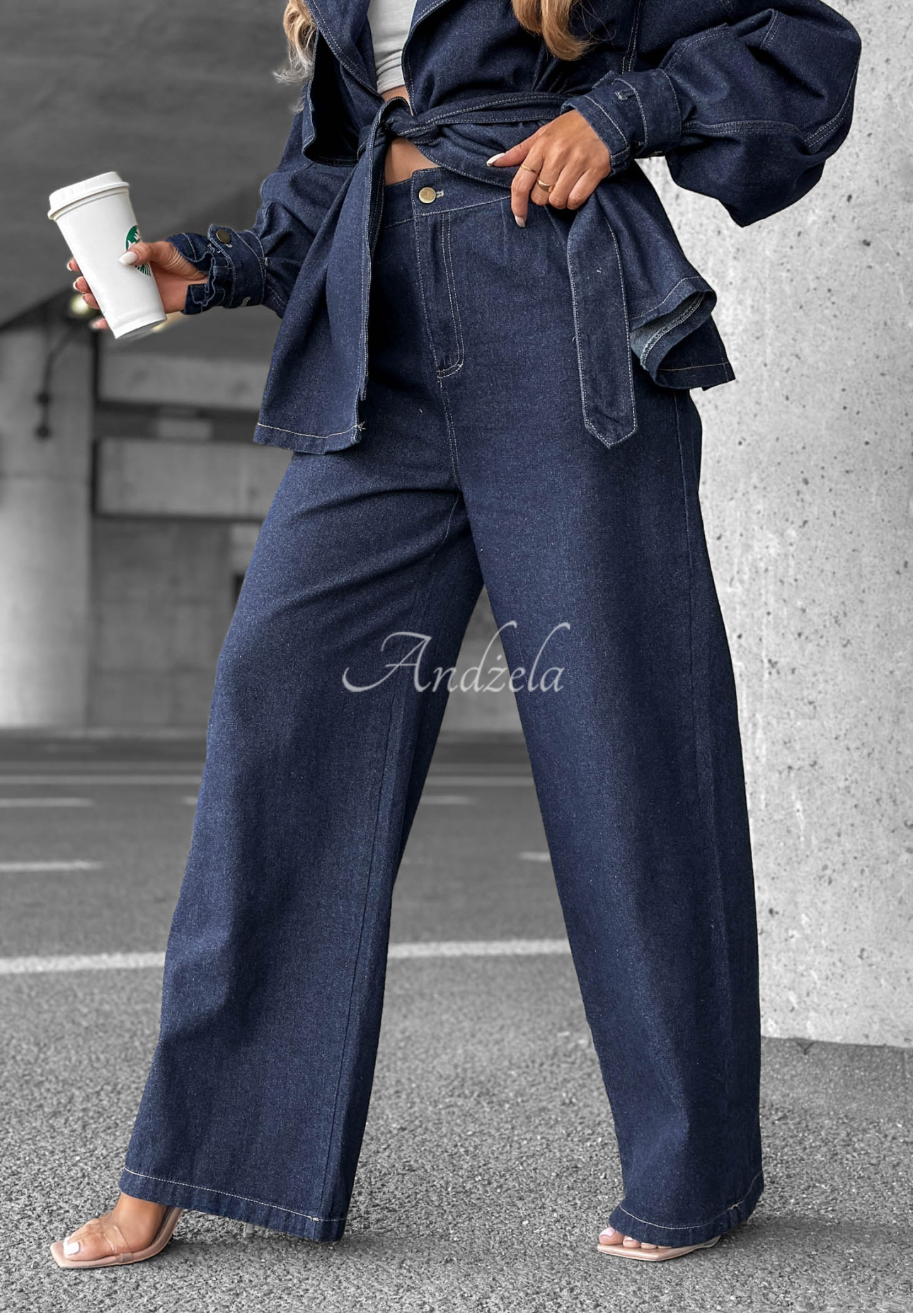 Denim Set kurzer Trenchcoat und Hose wide leg Autumn Edit Dunkelblau