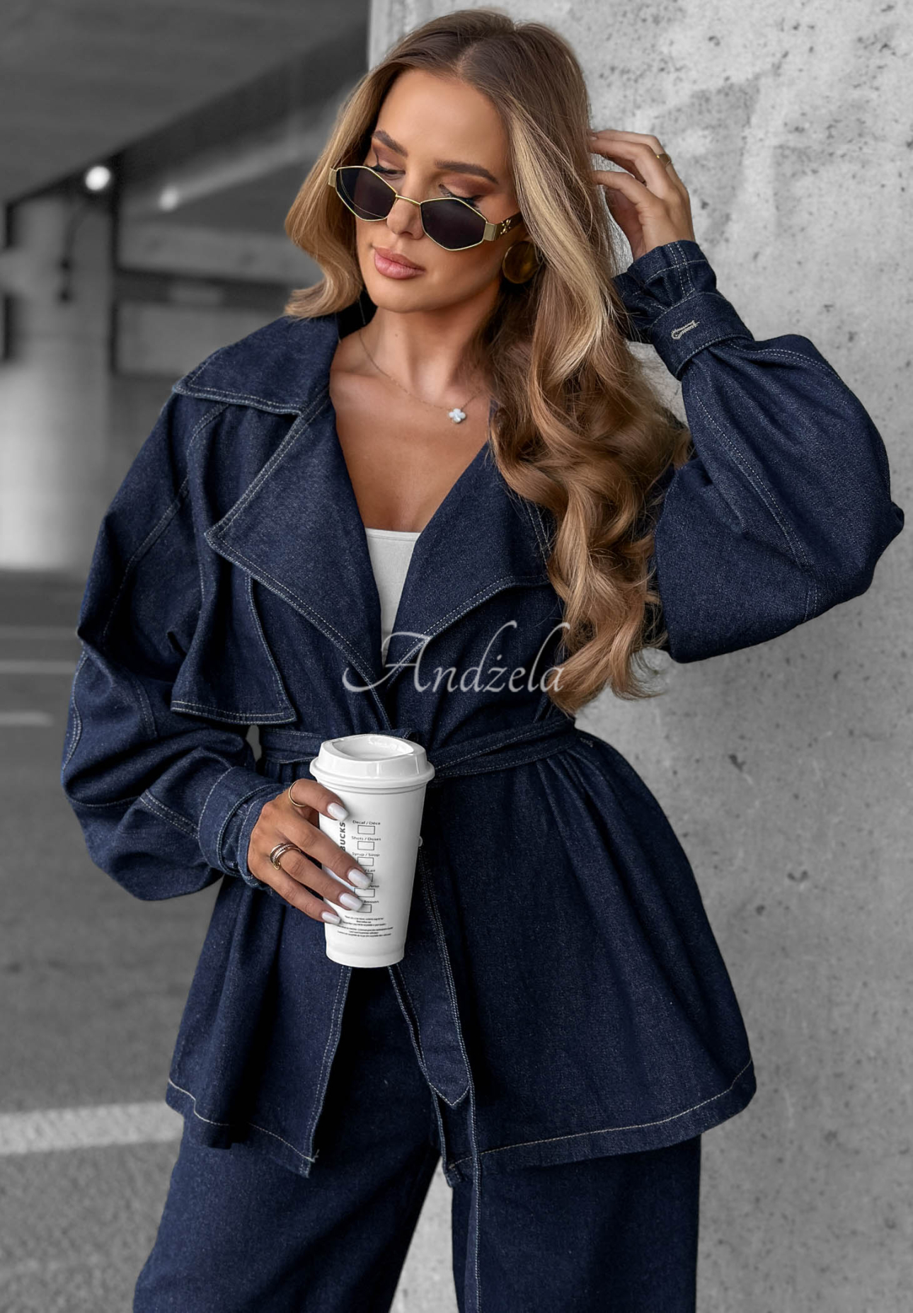 Denim Set kurzer Trenchcoat und Hose wide leg Autumn Edit Dunkelblau