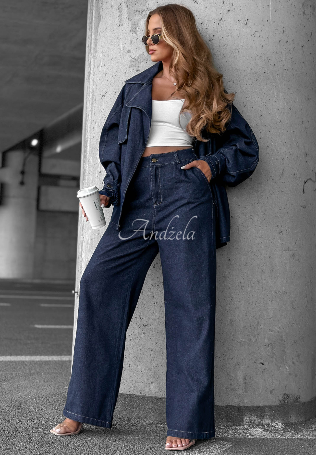 Denim Set kurzer Trenchcoat und Hose wide leg Autumn Edit Dunkelblau