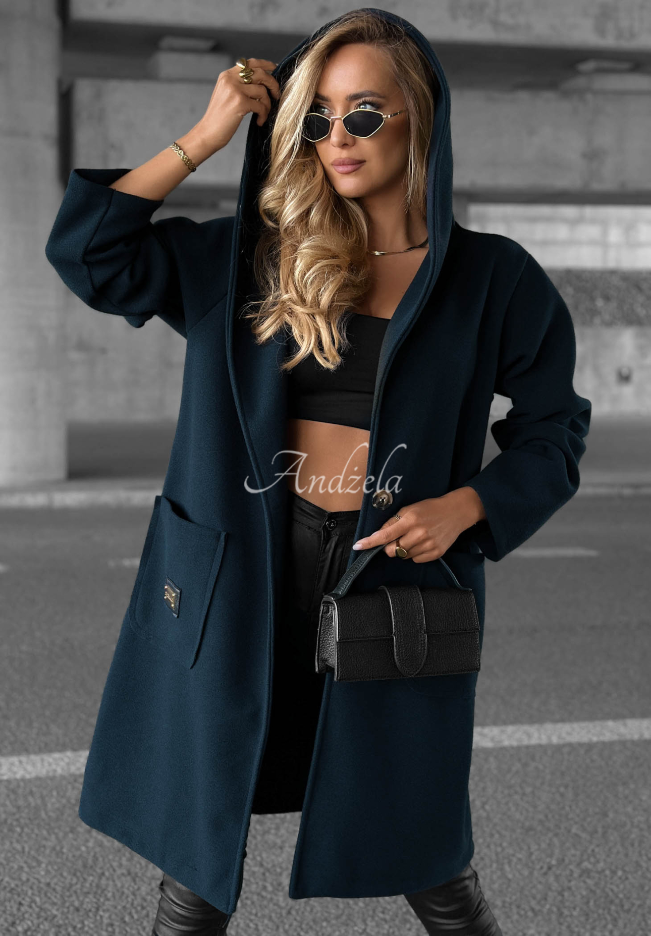 Langer Oversize Mantel mit Kapuze Autumn Coat Dunkelblau