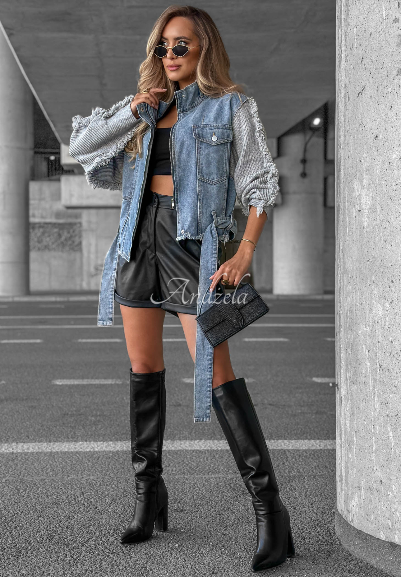 Kurze Jeansjacke mit Strickärmeln Gloomy Mood blau-graun