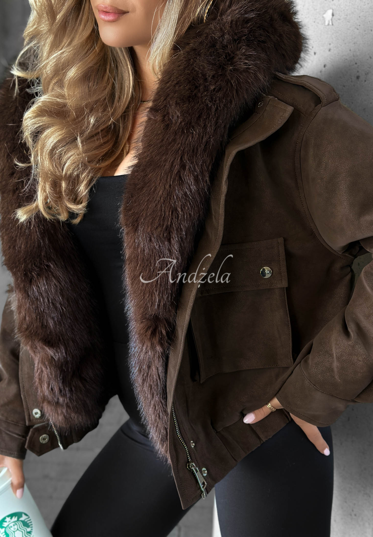 Kurze Bomberjacke mit Kunstfell Morning Haze Schokoladenbraun