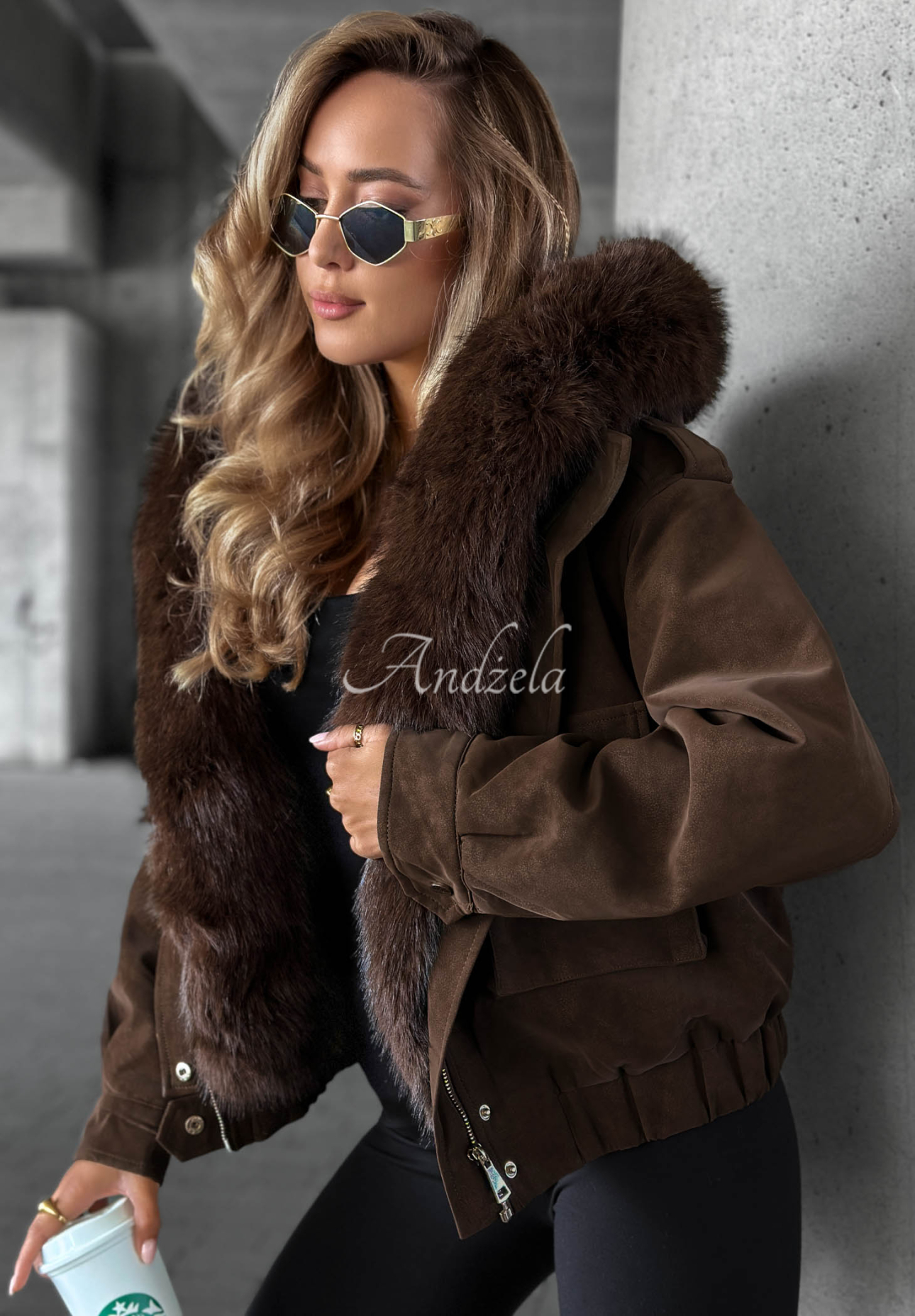 Kurze Bomberjacke mit Kunstfell Morning Haze Schokoladenbraun