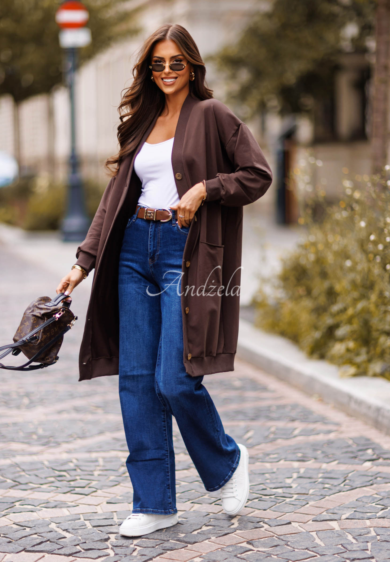 Lange Strickjacke aus Baumwolle mit Taschen Calm Comfort Schokoladenbraun
