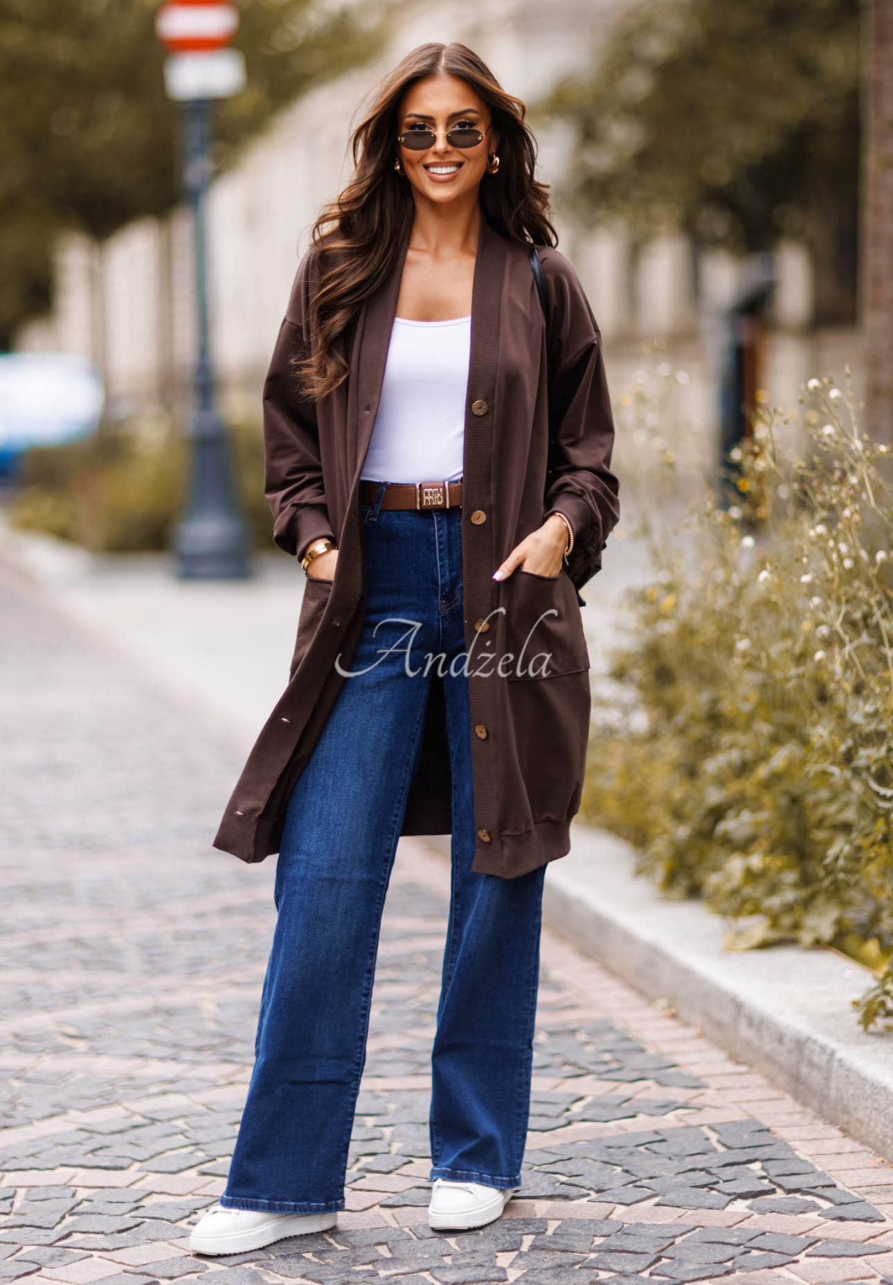 Lange Strickjacke aus Baumwolle mit Taschen Calm Comfort Schokoladenbraun