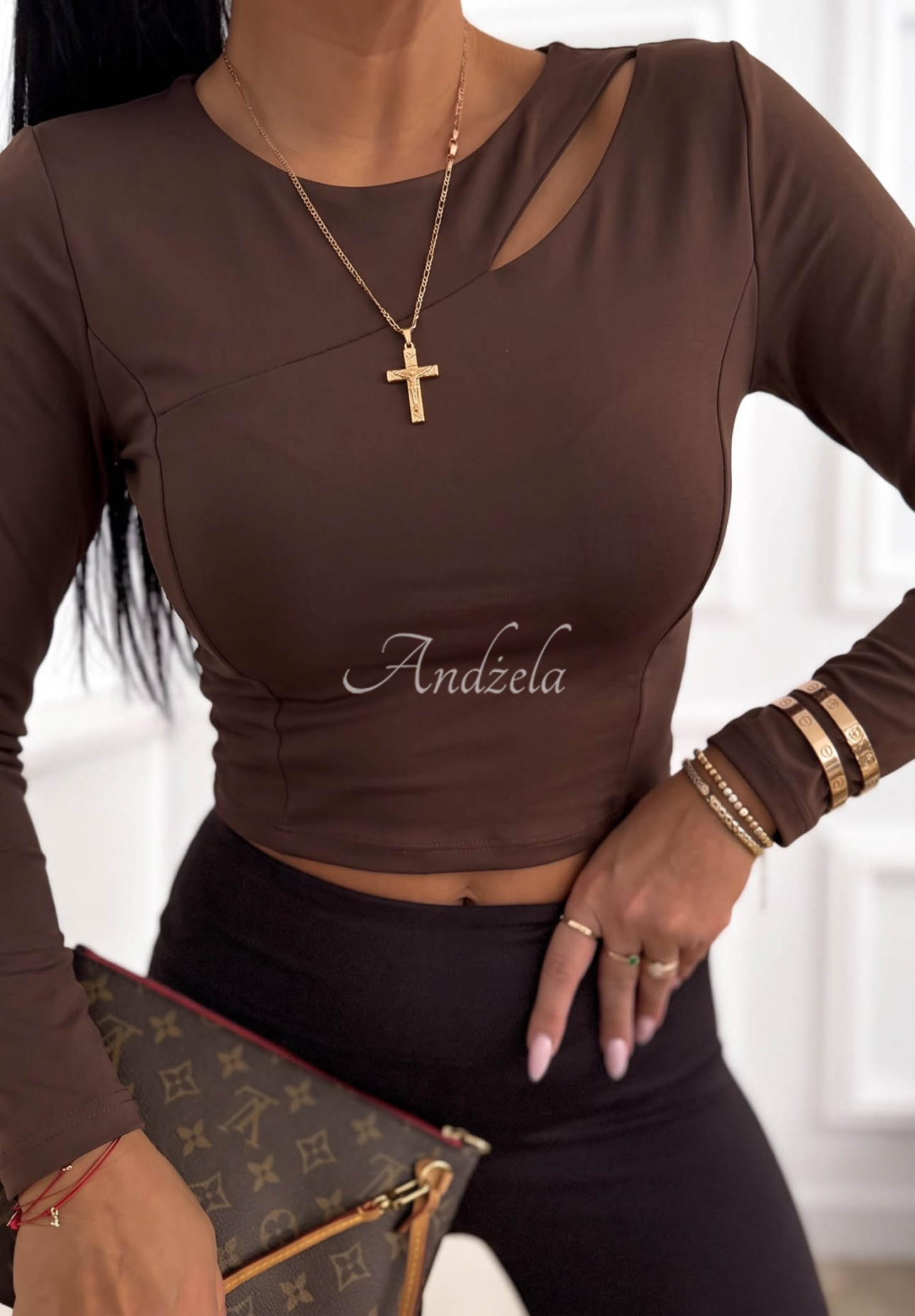 Viskosebluse mit Ausschnitt Another Time Schokoladenbraun