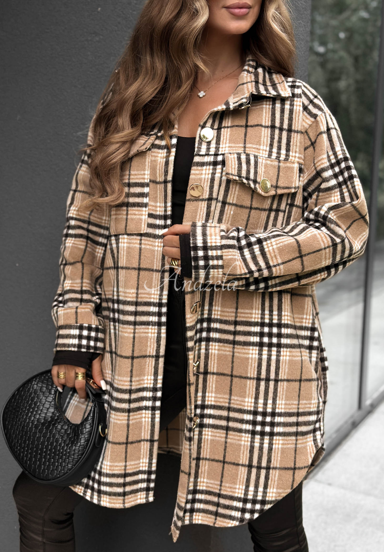 Langes kariertes Überhemd Autumn Bear Camel