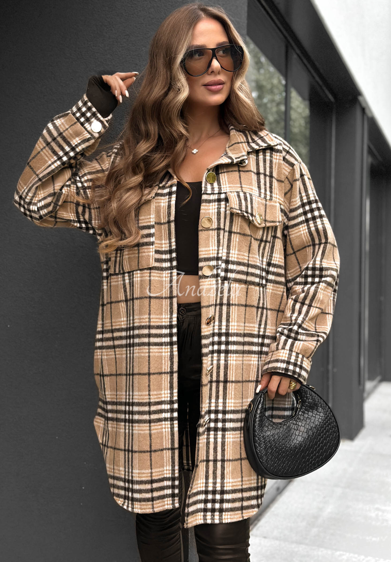 Langes kariertes Überhemd Autumn Bear Camel