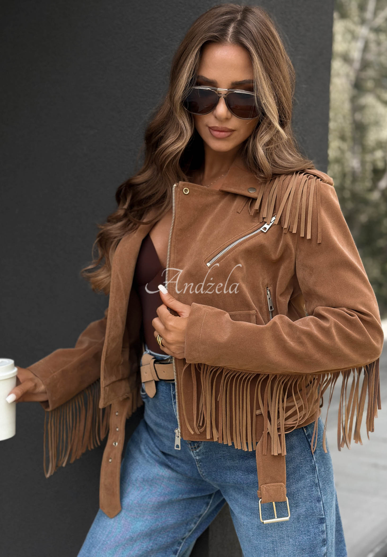 Wildleder-Bikerjacke mit Fransen Cloudy Days Camel