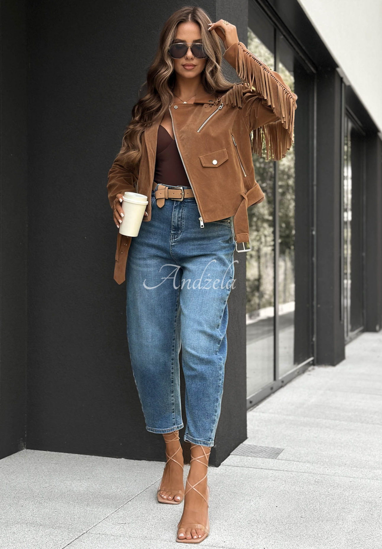Wildleder-Bikerjacke mit Fransen Cloudy Days Camel