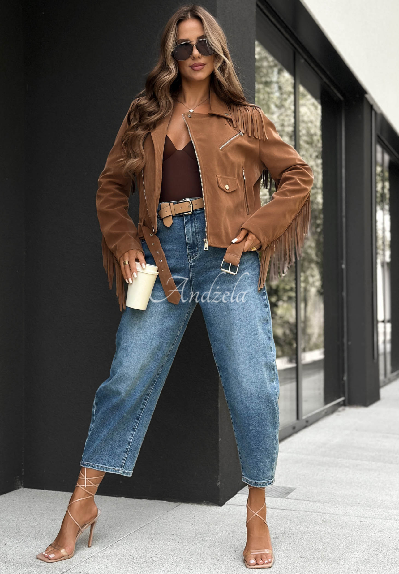 Wildleder-Bikerjacke mit Fransen Cloudy Days Camel