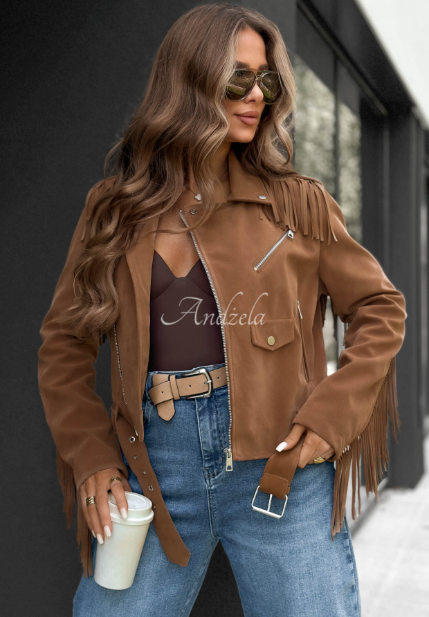 Wildleder-Bikerjacke mit Fransen Cloudy Days Camel