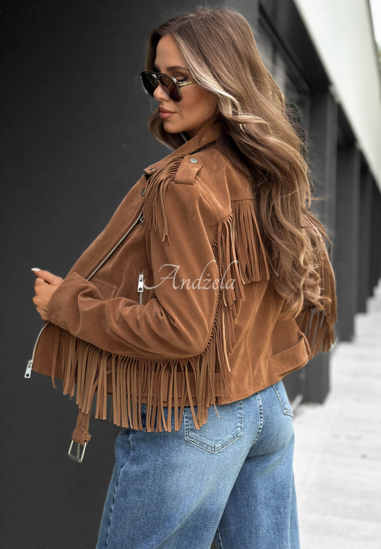 Wildleder-Bikerjacke mit Fransen Cloudy Days Camel