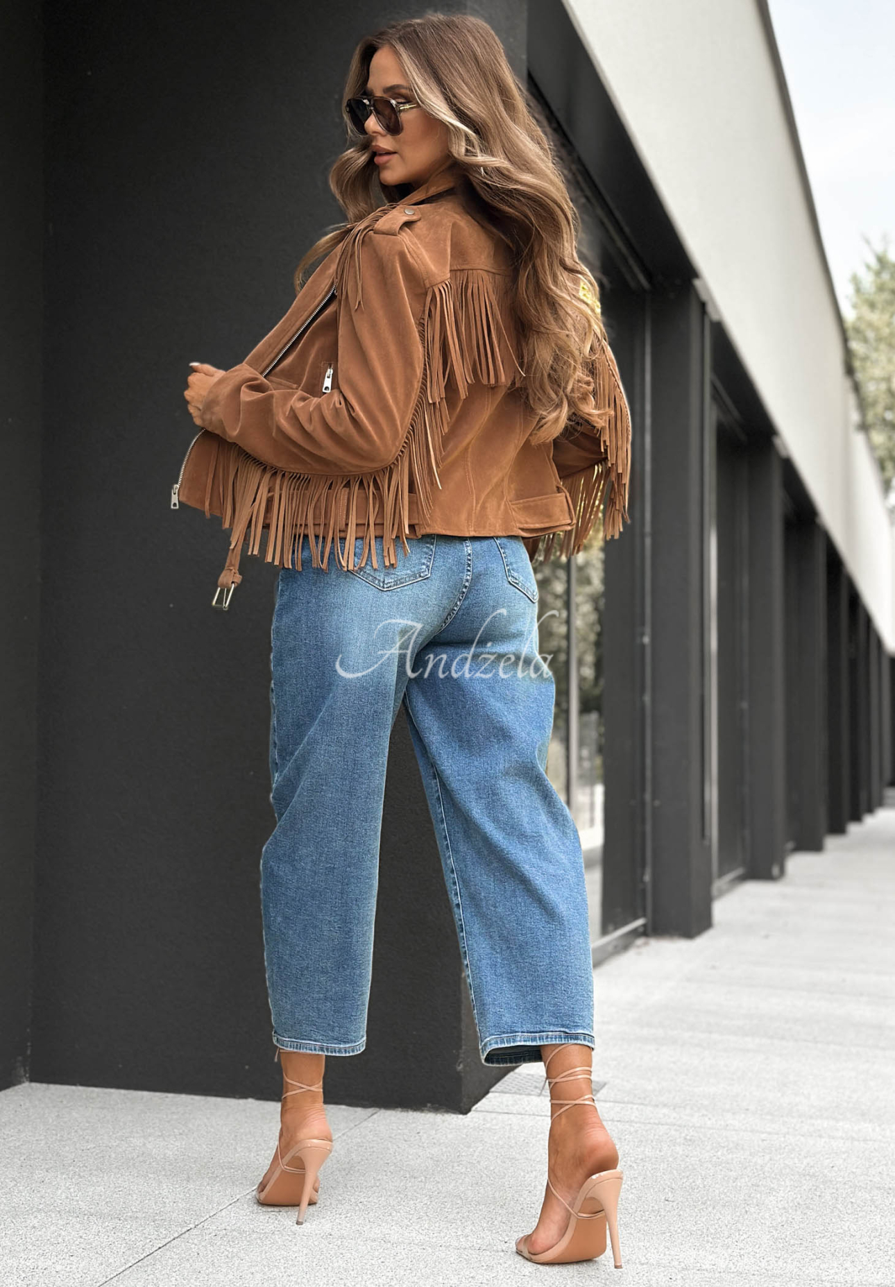Wildleder-Bikerjacke mit Fransen Cloudy Days Camel