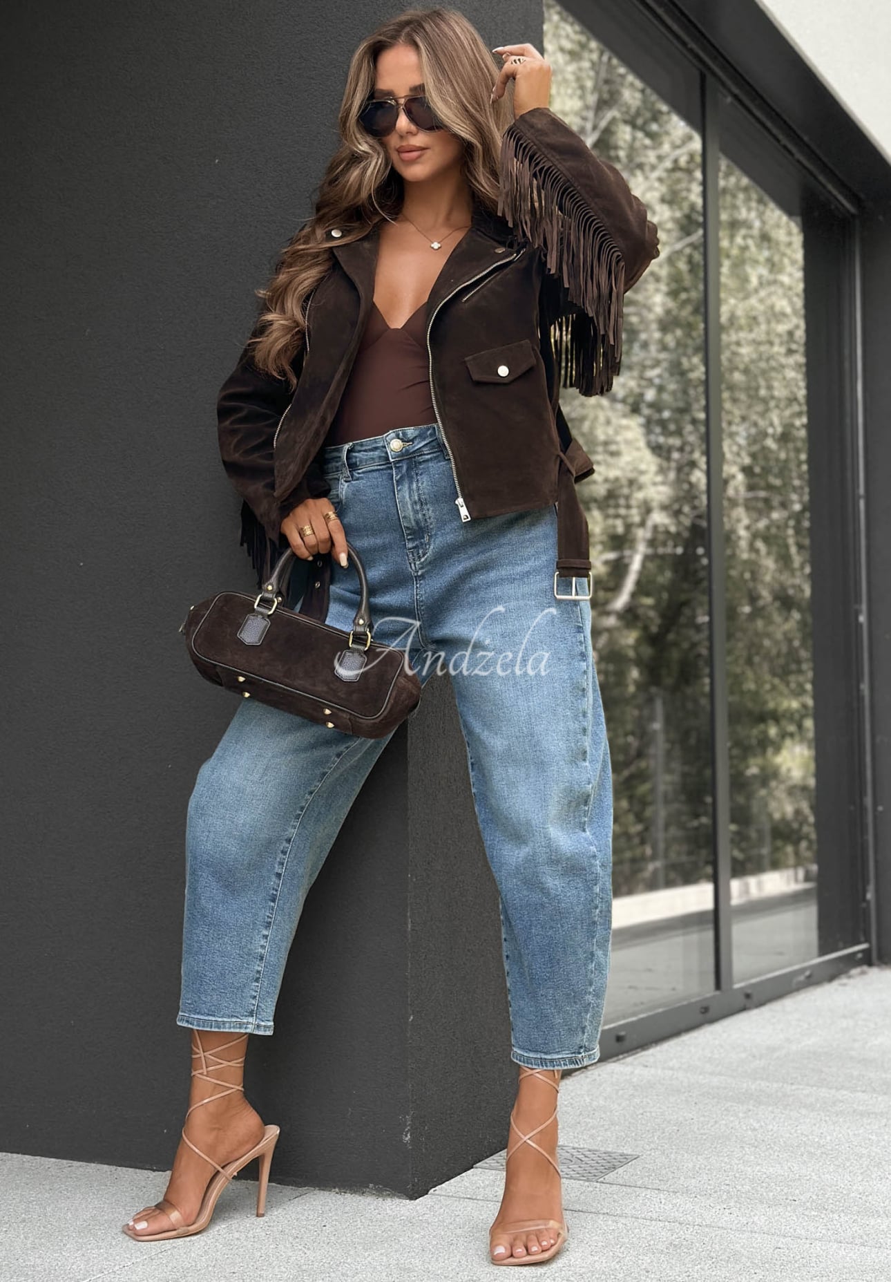 Wildleder-Bikerjacke mit Fransen Cloudy Days Schokoladenbraun