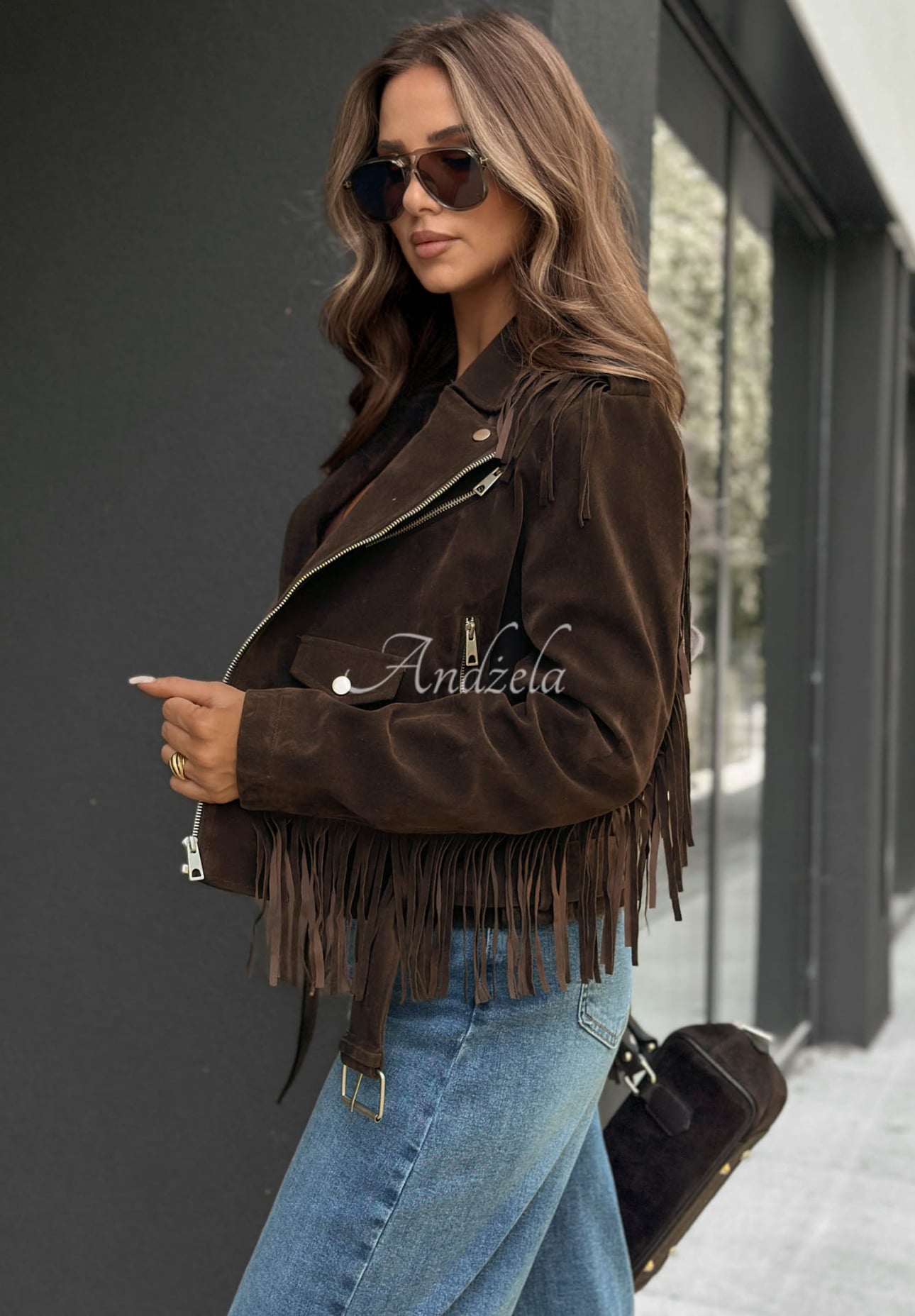 Wildleder-Bikerjacke mit Fransen Cloudy Days Schokoladenbraun